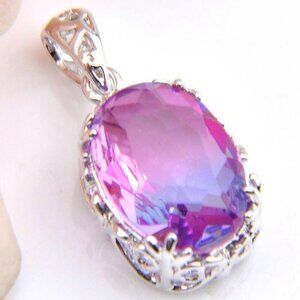 Bi Colored Tourmaline Oval Pendant Necklace 925 Sterling Silver Plated